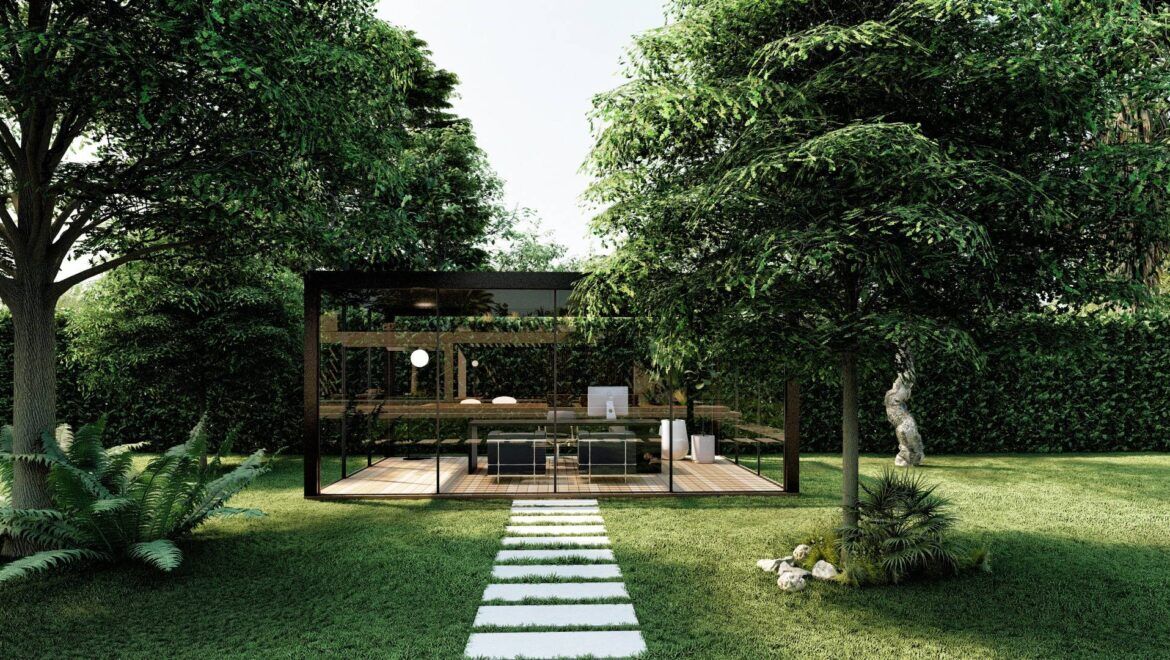 Render del progetto: il gazebo nel giardino