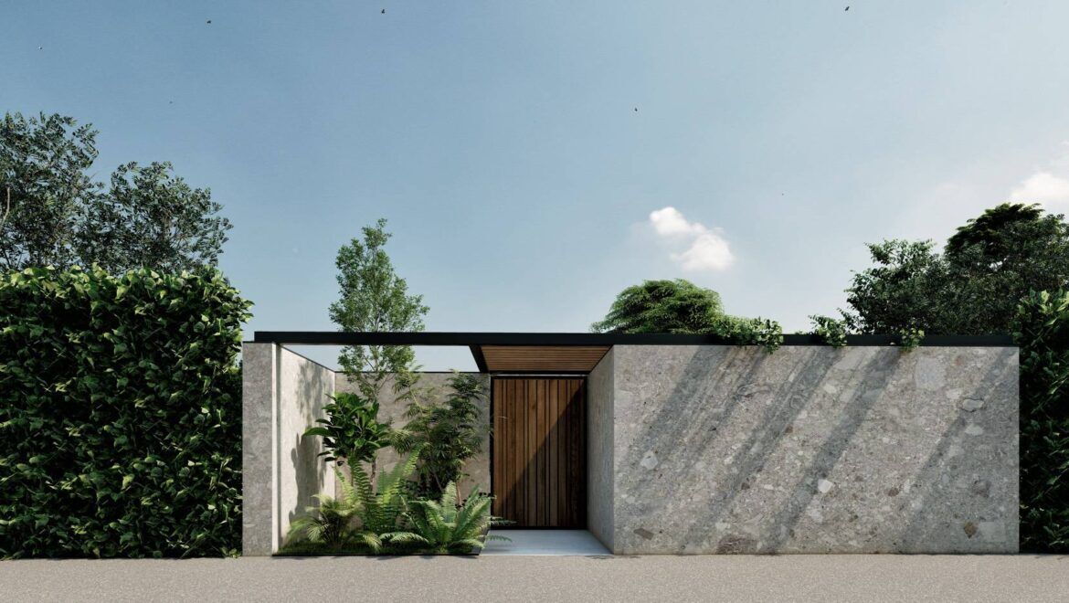 Render del progetto: l'ingresso in pietra e legno