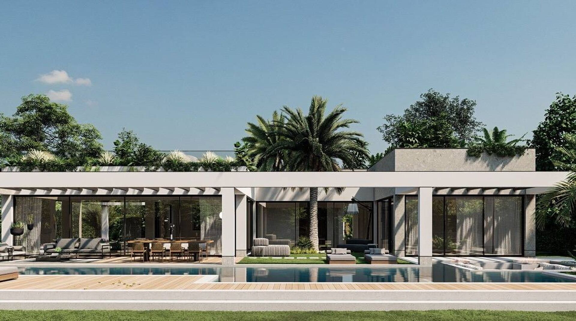 Render del progetto: il prospetto della villa con le pompeiane e la piscina